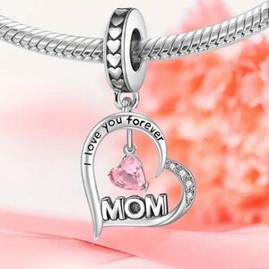 Heart-Shaped Silver and Pink Mom Charm Pendant Engraved with I Love You Forever
